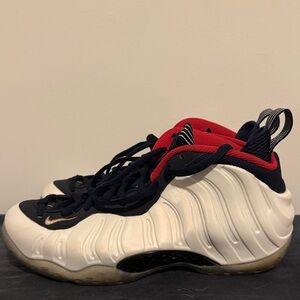 White and Red Nike Foamposite Sneakers